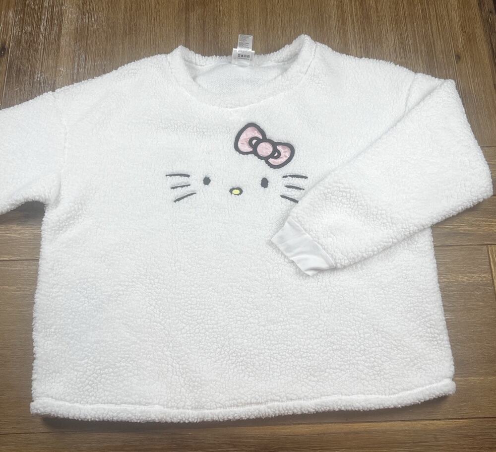 Hello Kitty Sherpa Pullover Sweatshirt Womens XL 16–18 White Faux Fur Cozy